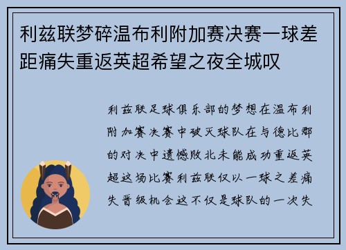 利兹联梦碎温布利附加赛决赛一球差距痛失重返英超希望之夜全城叹